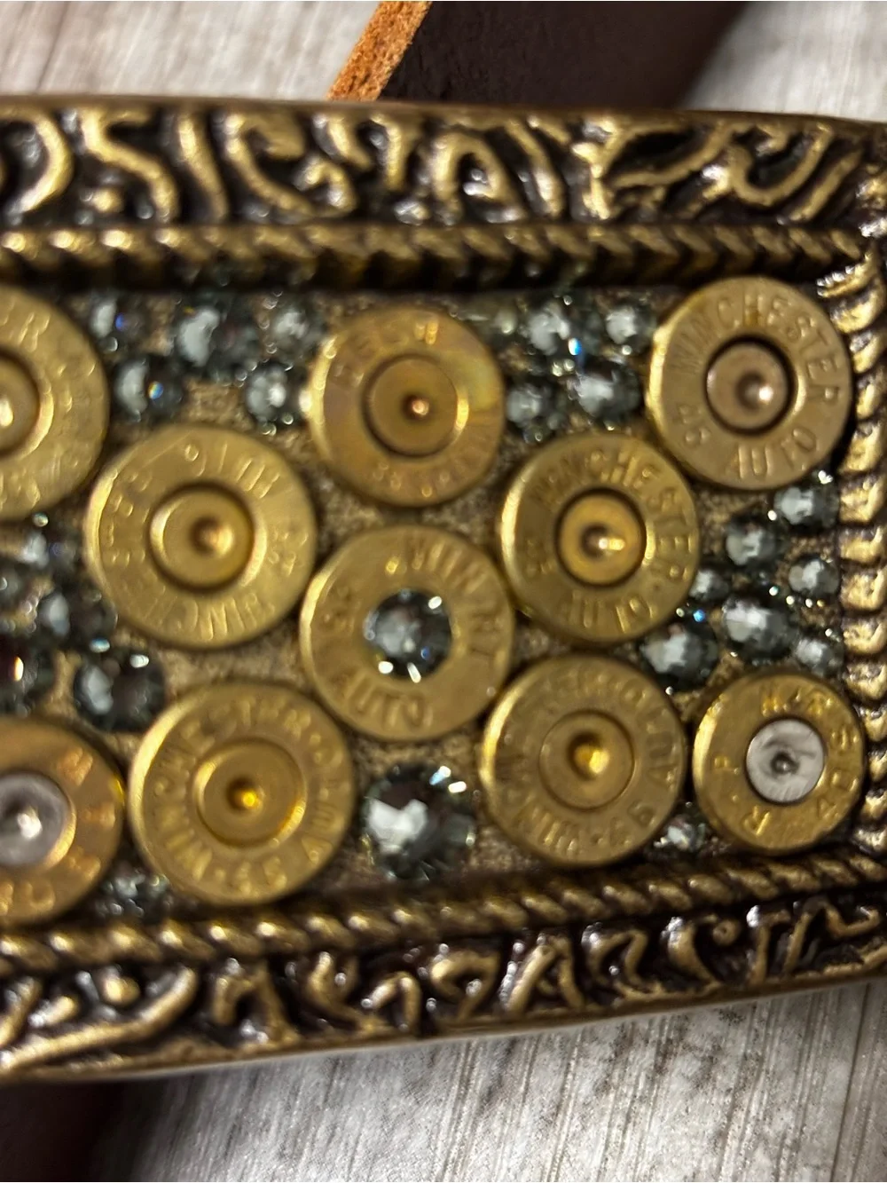 Pretty Hunter Winchester Ornate Brass Buckle and XL Leather belt